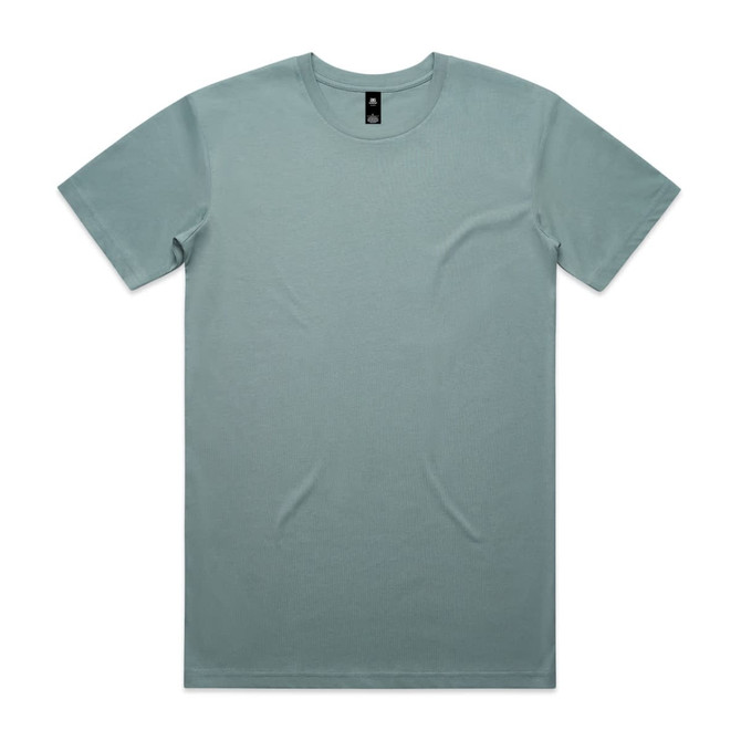 A light blue T-shirt with a crew neckline and a logo on the label. Flat lay design.