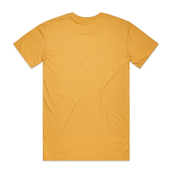 A plain yellow T-shirt featuring short sleeves and a crew neck, with a logo on the back.
