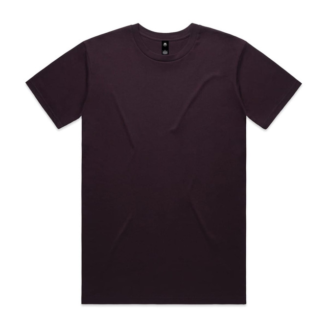 A dark purple T-shirt with a round neck and short sleeves, featuring a logo on the interior label.
