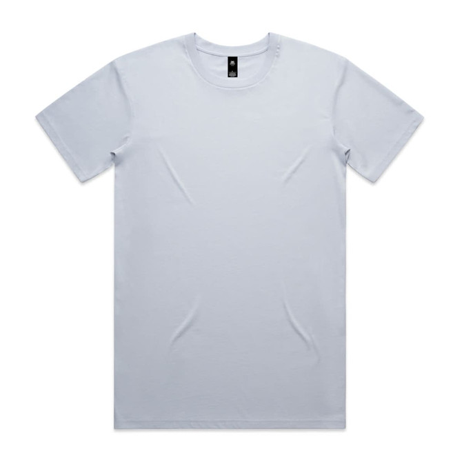 A light blue t-shirt with a round neckline and short sleeves, featuring a logo on the label.