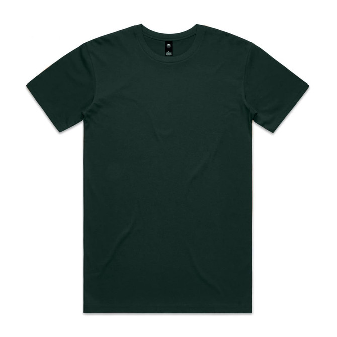 A dark green T-shirt with a classic cut, featuring a label and a simple design.