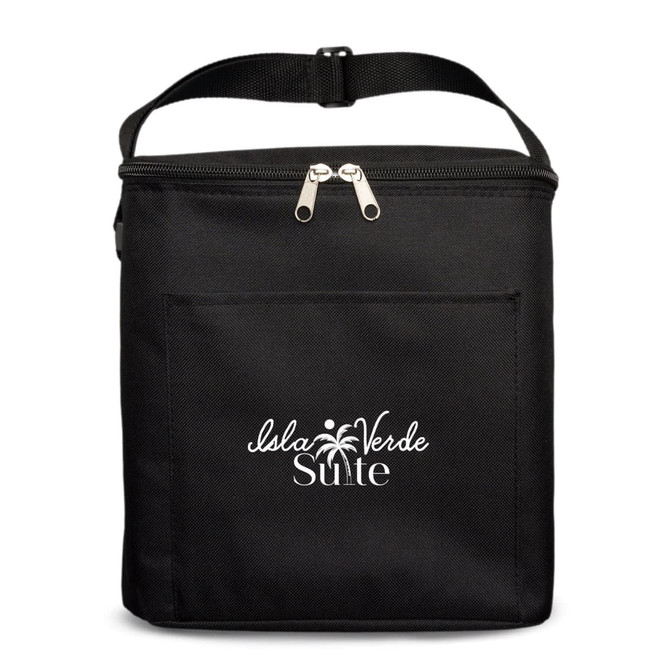 A black insulated cooler bag with a zip closure and a front pocket, featuring a logo.