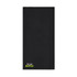 A black towel featuring a logo in vibrant green at the bottom. Ideal for gym or sports use.