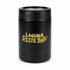 A black drink bottle with a cylindrical design. It features a logo on the front.