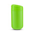 A green coffee cup with a secure lid and a sleek design. It features a logo.