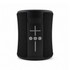 A black speaker with a textured surface, featuring control buttons and a USB Type-C port. It has a branded logo.