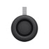 A black portable speaker with a grey strap, featuring a circular design and textured surface.