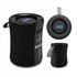 A black portable speaker with control buttons and a carry strap, featuring a logo on top.
