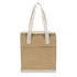 A tan cooler bag with white handles and a front pocket, featuring a logo on the side.