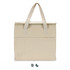 A cream cooler bag with double handles and a front pocket, featuring a simple logo on the side.