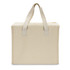 A beige cooler bag with sturdy handles and a simple design, featuring a logo on one side.