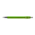 A metal pen in vibrant green with silver accents and a textured grip. Features a branding logo.