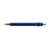 A blue metal pen with silver accents and a textured grip, featuring a logo on the side.