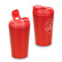 A coffee cup in bright red with a secure lid and a logo, featuring a smooth surface and curved design.