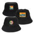 A black terry towelling bucket hat featuring three different full colour patches and a logo.