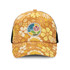A trucker cap in orange with floral patterns and a circular logo patch on the front.