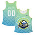 A green and blue women's active tank top featuring a sport-themed design and a logo. It has a number "00" on the back.