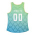 A custom women’s active tank top in a gradient of green and blue, featuring a logo and white text.