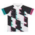 A women's active polo featuring a black, white, and multi-coloured pattern with a collar and a logo.