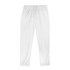 A pair of white men's active pants with an elastic waistband and drawstring, featuring a logo.