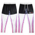 Custom women's active pants in black and white with pink and purple stripes, featuring a logo.