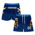 Custom men's active shorts in blue featuring a lightning design and a graphic on one side. Includes a logo on the waistband.