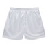 White active shorts with an elastic waistband and a smooth, lightweight fabric. The shorts have a logo on them.