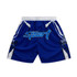 Active shorts in blue with white and black accents, featuring a logo design. Ideal for youth sports uniforms.