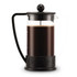 A French press coffee maker in black with a transparent body, featuring a round handle and a plunger.