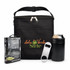 A black cooler bag with a logo, a can, a bottle opener, and a fishing tackle pack.