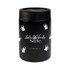 A black drink bottle with a cylindrical shape featuring a logo and designs of beer mugs.