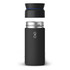 A drink bottle in matte black with a silver stainless steel interior and a separate black lid. Features a logo.