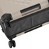 A beige and black wheeled suitcase featuring a textured design and dual spinner wheels, with a zipper along the side.