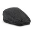 A grey herringbone-patterned flat cap with a rounded shape, featuring a subtle branding logo.
