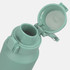 A drink bottle made of recycled aluminium in a mint green hue, featuring a flip-top lid and a secure clasp.