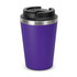 A purple coffee cup with a black lid and stainless steel band, featuring a logo on the side.