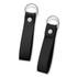 Two black leather key rings with silver metal fittings. Each has a snap button closure and key ring attachments.