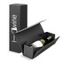 A wine bottle in a sleek black gift box, featuring a minimalist design and an interior cradle for protection.