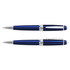 A blue ballpoint pen with silver accents, featuring a sleek design and a branding logo.