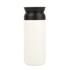 A double wall coffee cup in white with a black lid. It features a sleek design and has a logo.