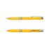 A bright yellow pen with chrome accents and a clip, featuring a streamlined design and a logo.