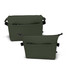 A soft-touch, olive green toiletry bag featuring multiple compartments and a logo.