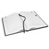 An open black A4 diary with blank pages, featuring a ribbon marker and a logo on the cover.