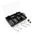 A black tackle box containing various fishing hooks and weights, organised in six compartments.