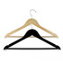 A wooden hanger set featuring a natural wooden hanger and a black hanger, both with metal hooks.