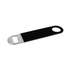 A drink bottle opener in black and silver, featuring a round hole and a metal bottle cap remover.