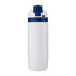 A drink bottle in white with a navy blue lid and a logo on it.