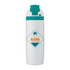 A drink bottle in white with a teal lid and a logo featuring a palm tree.