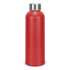 A drink bottle in matte red aluminium with a silver stainless steel lid, featuring a logo.
