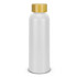 A drink bottle in white with a wooden lid, featuring a logo on the side.